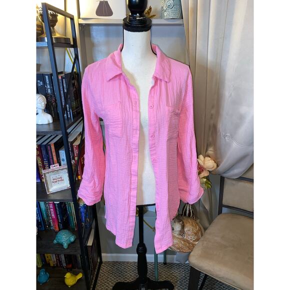 Nicole Miller Pink Textured Button Front Shirt Medium 100% Cotton Top - Picture 12 of 12